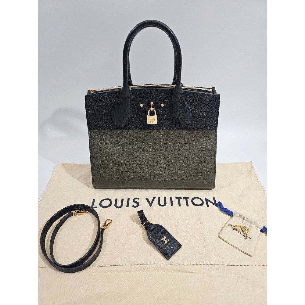 Louis Vuitton City Steamer MM Handbag‎ Black Khaki Green Leather Tote Bag M54312